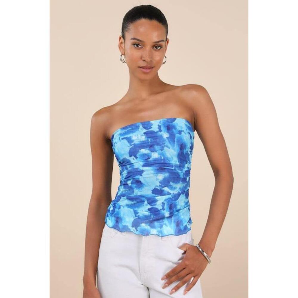 Lulus Maylin Blue Abstract Print Mesh Strapless Top - Size S